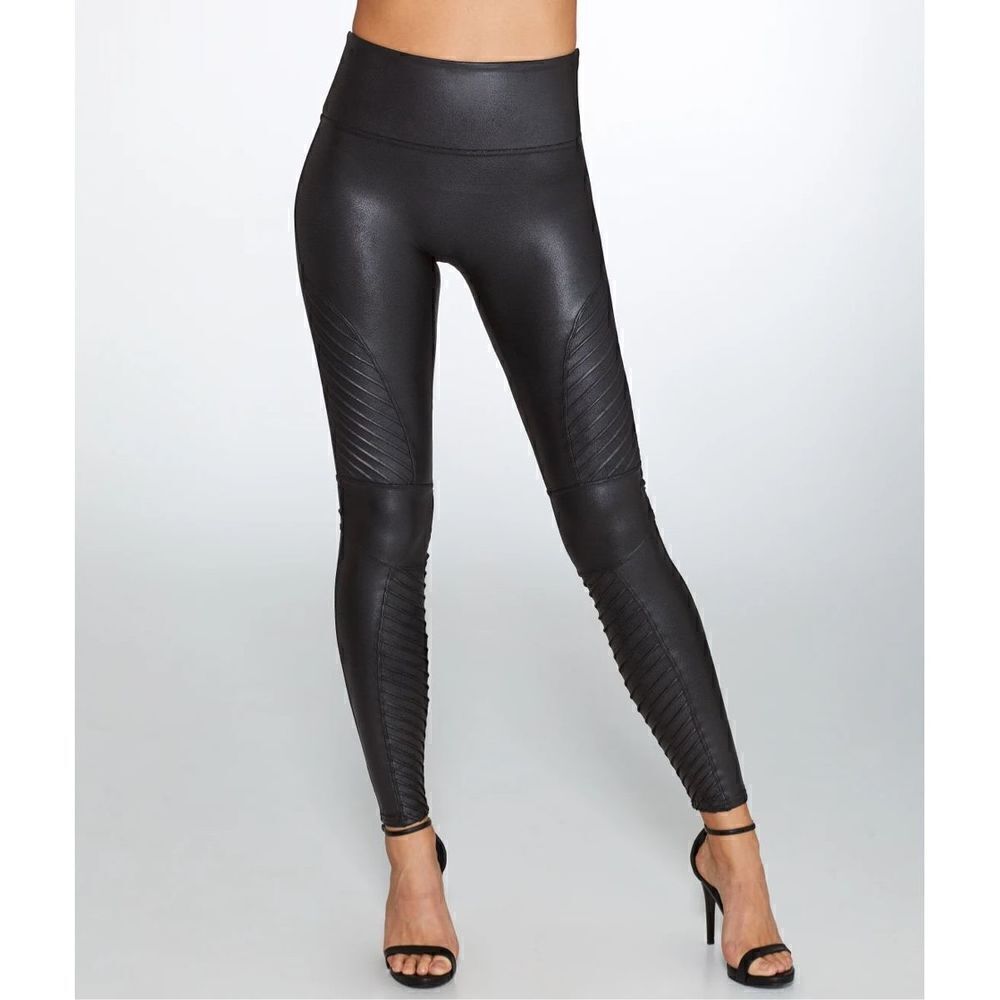 Spanx Women's Faux Leather Moto Leggings Textured Shaping Stretch Black - Picture 4 of 12